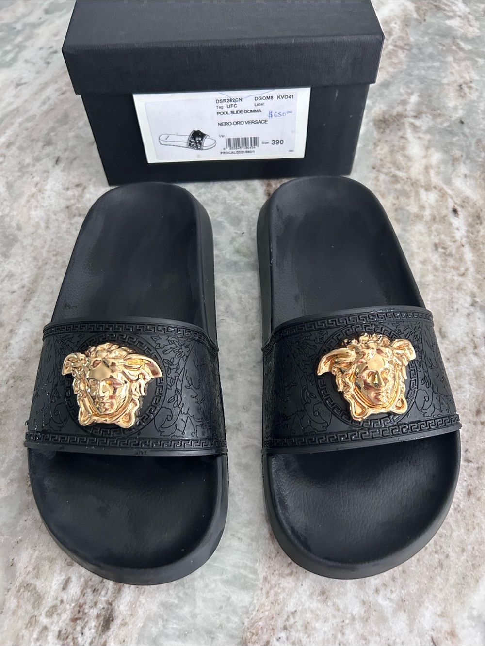 Versace Black Slide Sandals with Gold Medusa Emblems